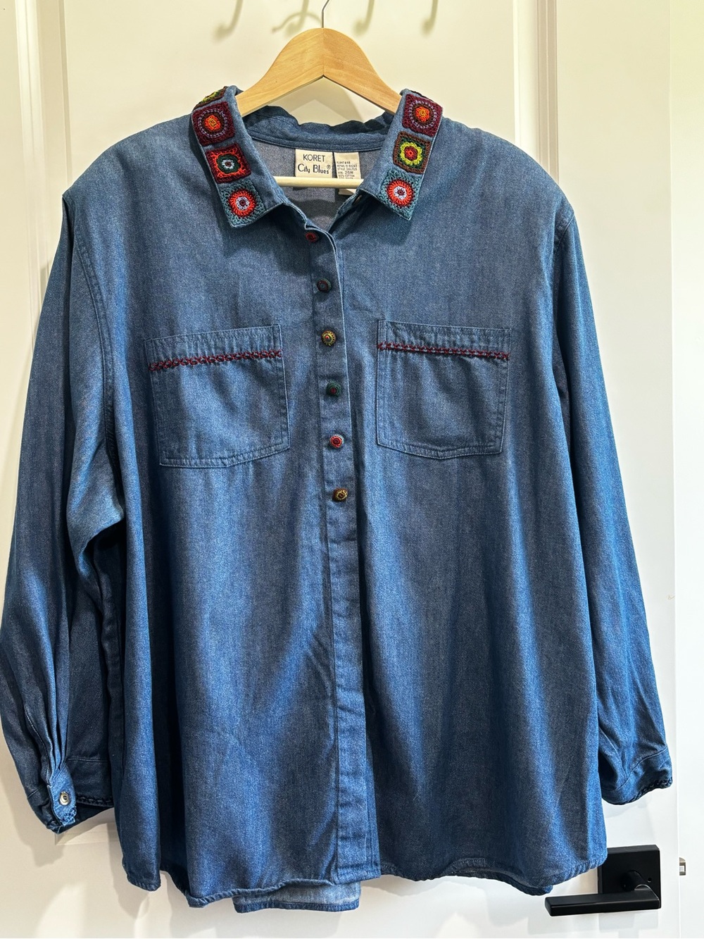 Koret Blue Denim Shirt with Multicolor Crochet Collar